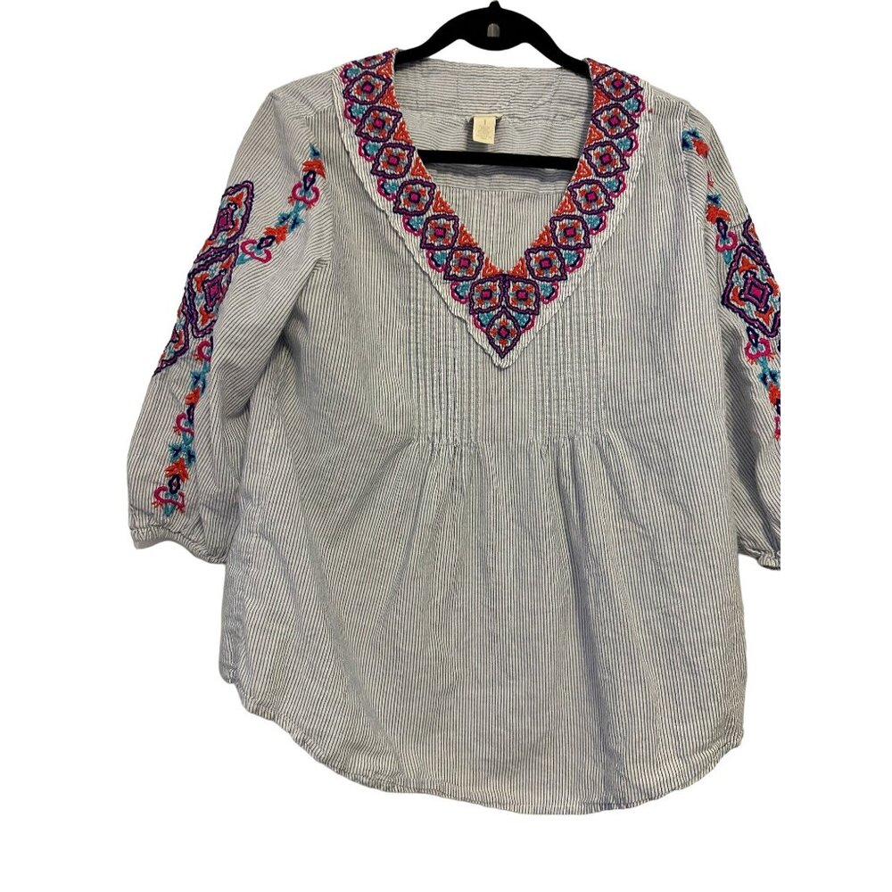 Chico's Blouse Boho Pinstripe Blue Embroidered V-Neck Pintuck Size 1 Medium